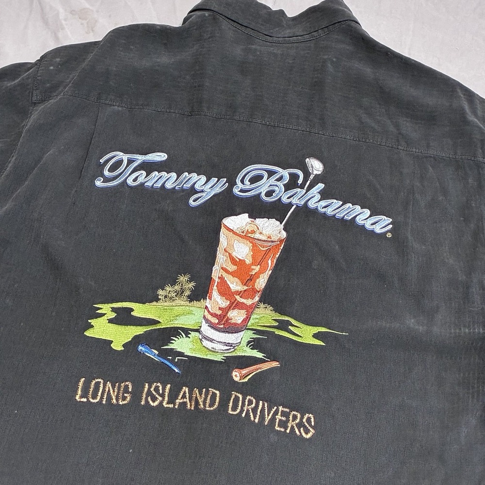 Tommy Bahama Camp Shirt Womens S/P Black Long Island Drivers Golf Silk